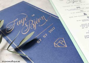 Huwelijksuitnodigingen Faye & Björn - letterpress goudfolie - blauw, mint, muntgroen