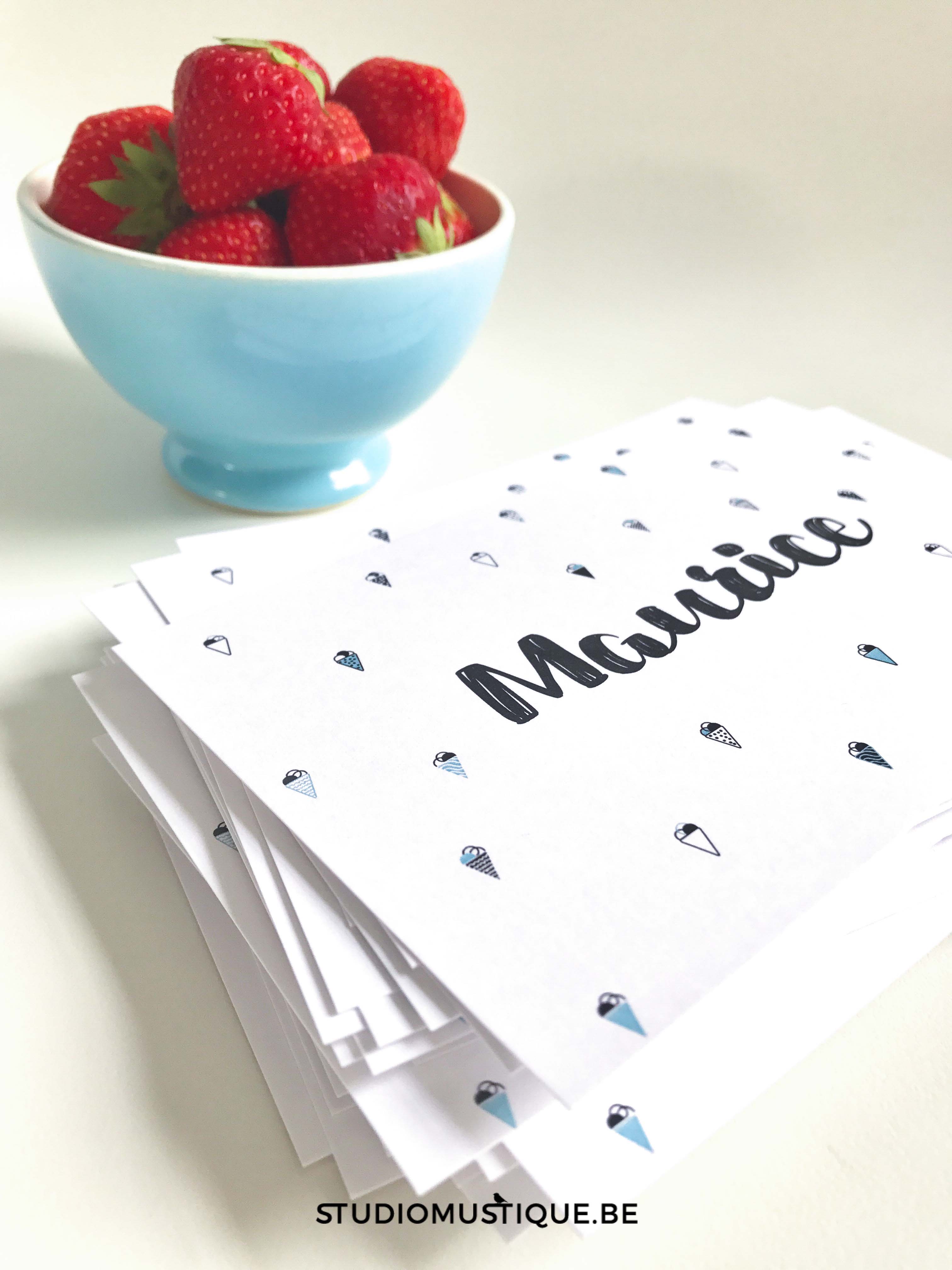 Studio Mustique | Geboortekaartje Maurice - IJsjes, letterpress, digitale druk, babyborrelkaartje, blauw, babyblauw, handwriting