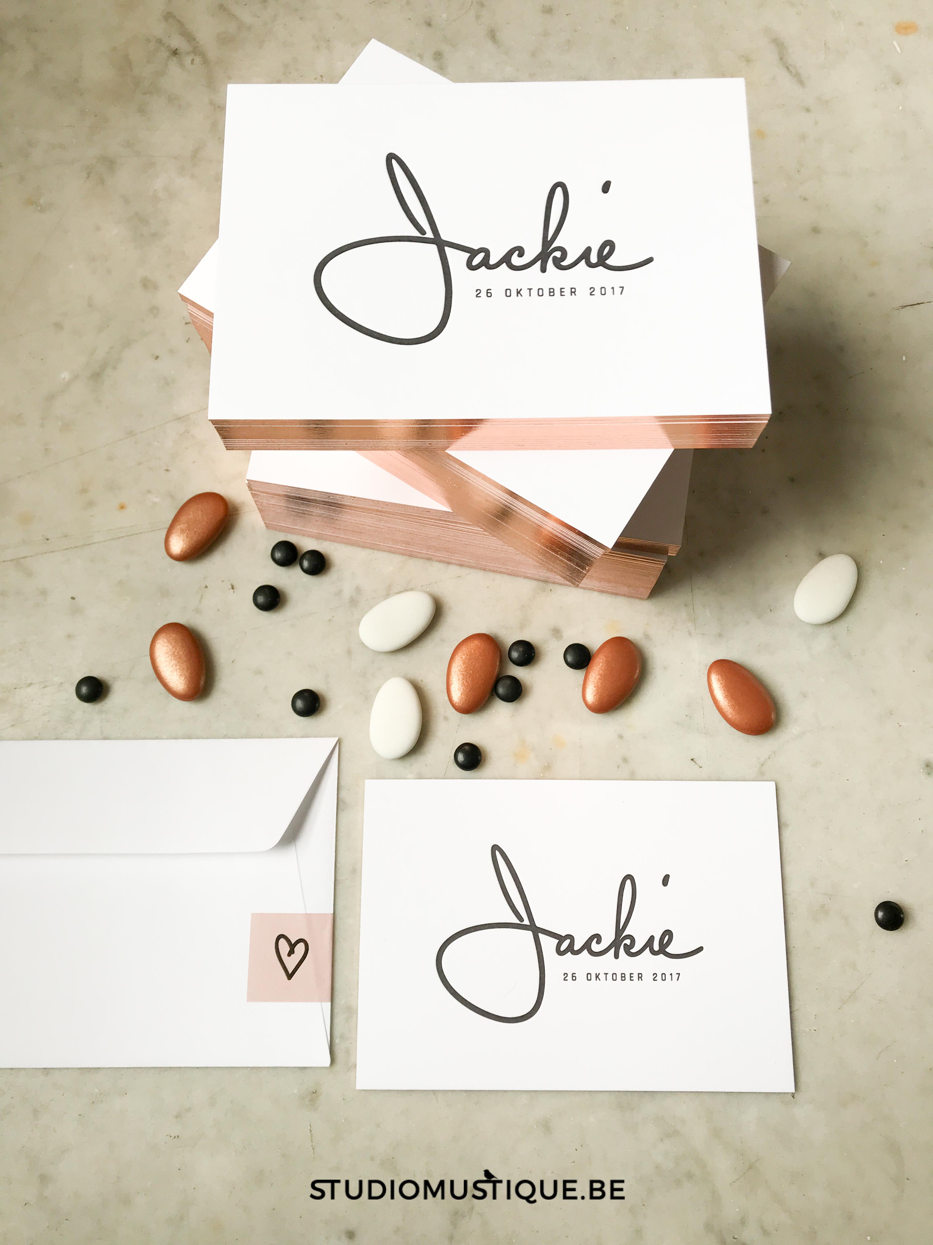 Geboortekaartje letterpress Jackie folie op snee, minimalistisch geboortekaartje, sierlijk handwriting