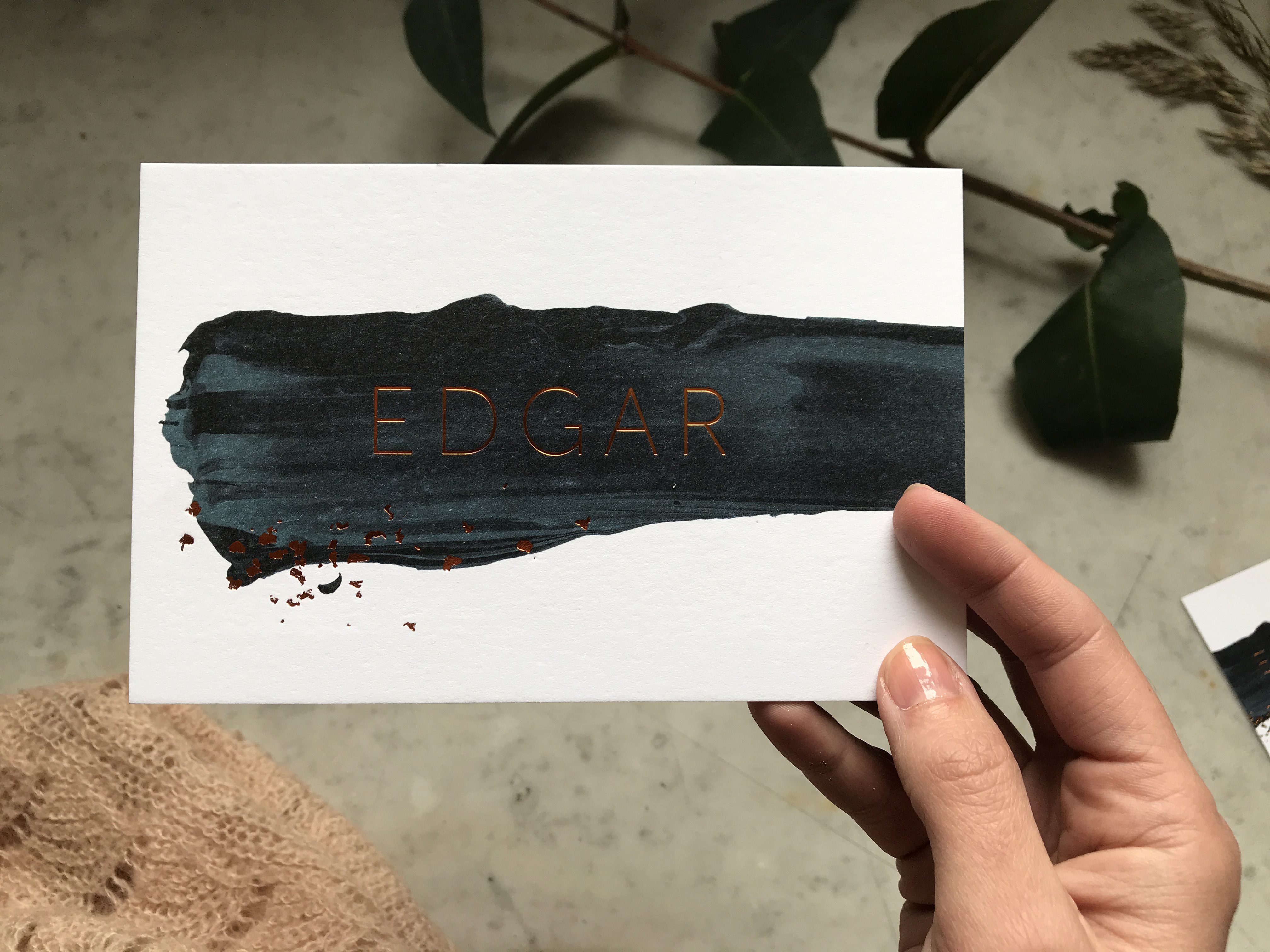 Edgar geboortkaartje letterpress koperfolie donkergroen koper verf kunst