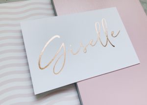Geboortekaartje Giselle letterpress rose gold foil rose goudfolie handlettering