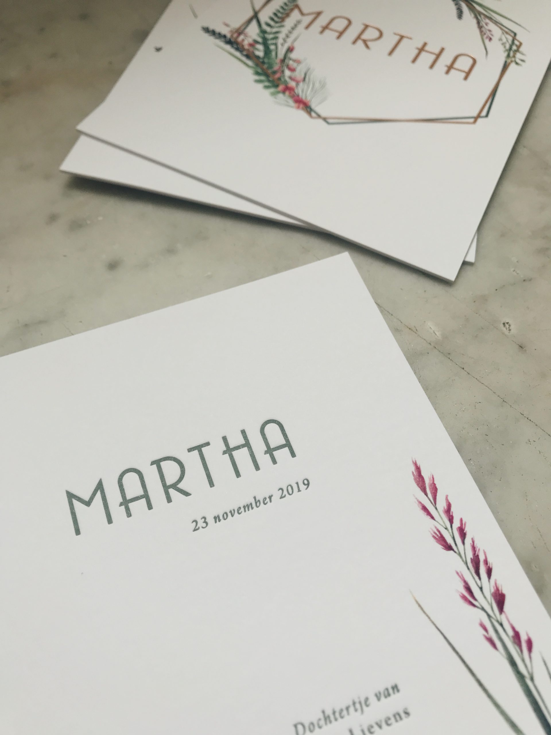Geboortekaartje Martha, wildflowers, wilde bloemen, foliedruk rose gold, rose goudfolie, letterpress, geboortekaartje meisje