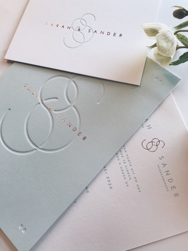 Huwelijksuitnodigingen Sarah & Sander - wedding logo - monogram - mint minimalistisch elegant - letterpress - blinddruk -