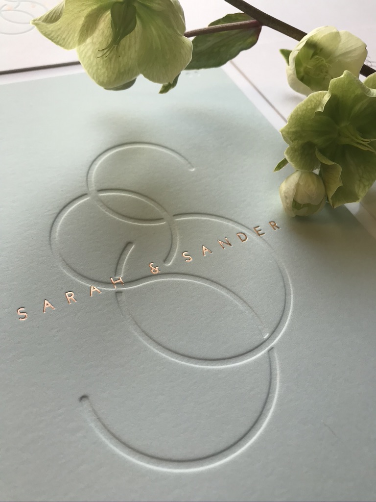 Huwelijksuitnodigingen Sarah & Sander - wedding logo - monogram - mint minimalistisch elegant - letterpress - blinddruk -