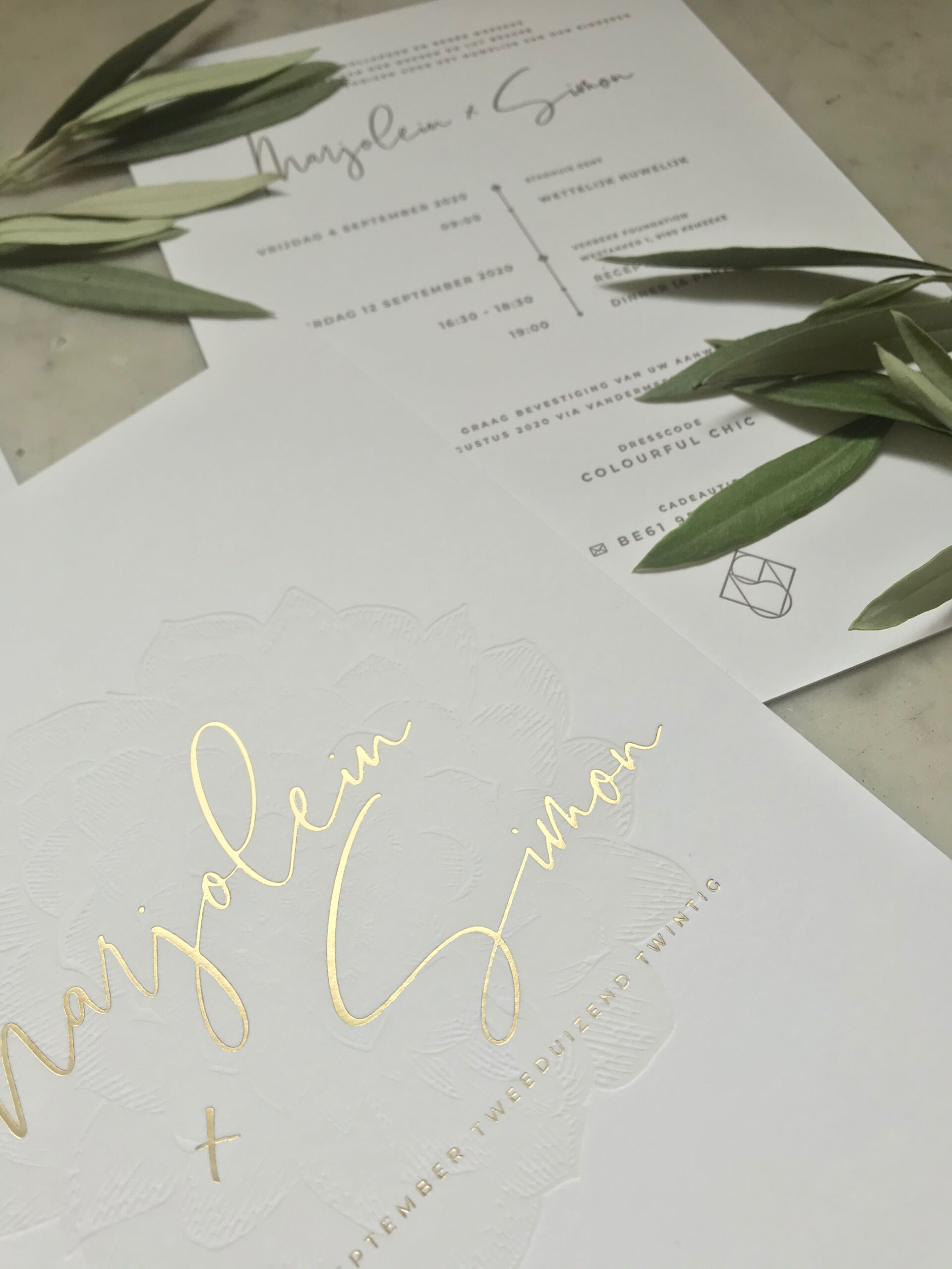 Marjolein & Simon Wedding Stationery wedding logo, gold foil, letterpress, flower, Studio Mustique