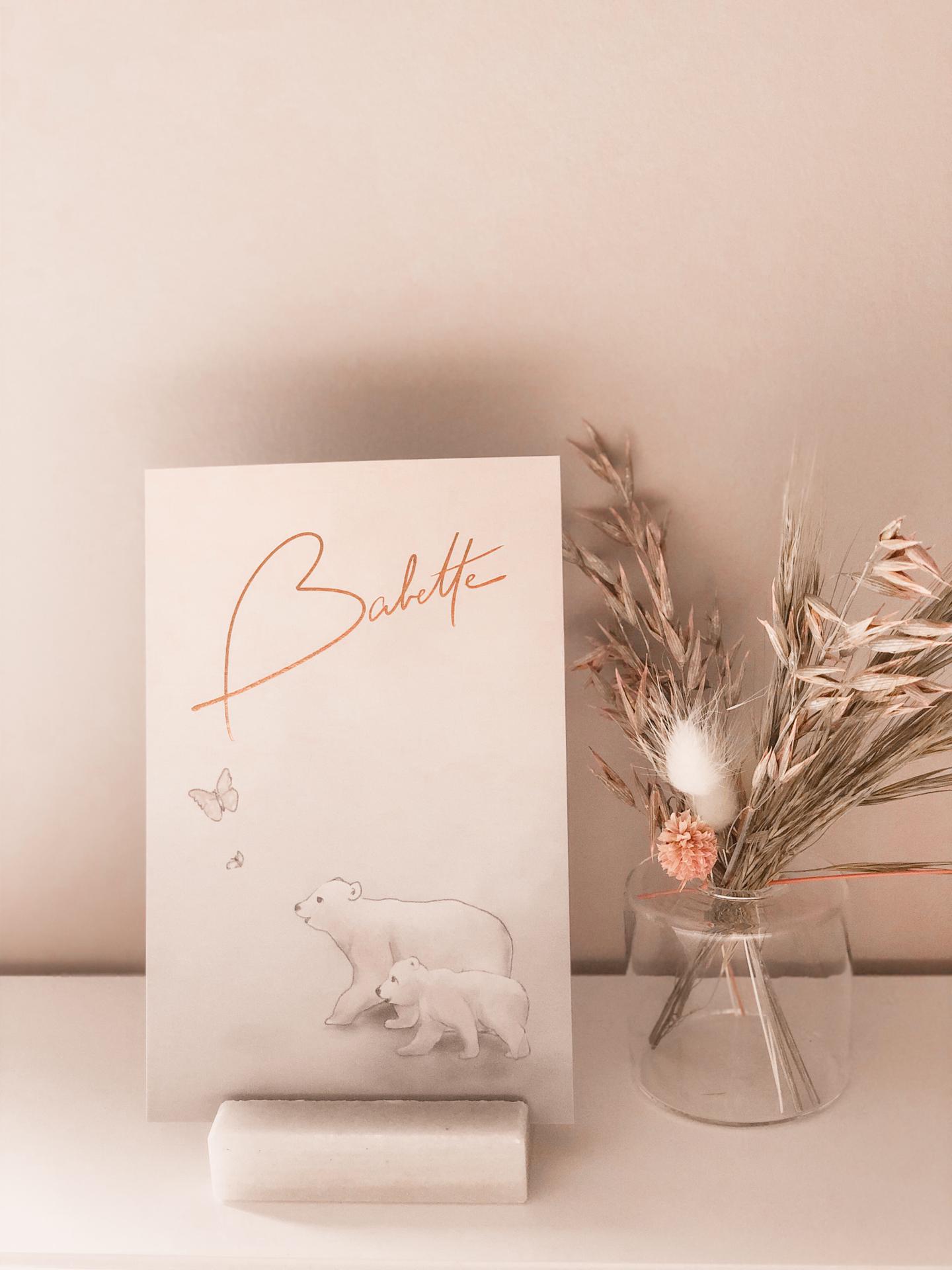 Babette geboortekaartje ijsberen, foliedruk rose goud, letterpress, studio blanche, studio mustique