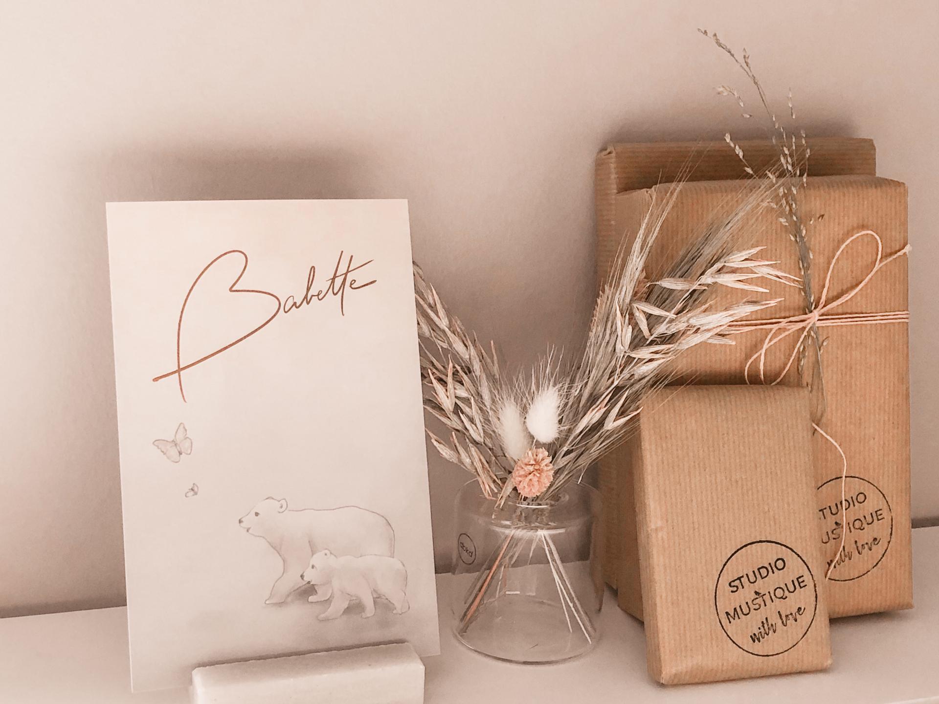 Babette geboortekaartje ijsberen, foliedruk rose goud, letterpress, studio blanche, studio mustique