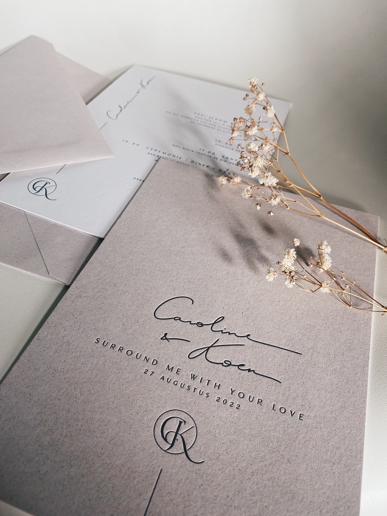 C&K wedding stationery, huwelijksuitnodigingen, studio mustique, letterpress, wedding logo, natural minimalistisch