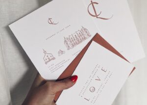 L&C huwelijksuitnodigingen huwelijkslogo, grafisch ontwerper, ontwerp op maat, terracotta, trouwlogo, illustratie trouwlocatie
