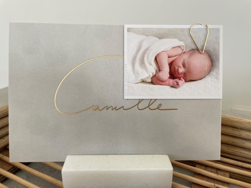 Camille, letterpress, velvet, suède, textuur, nature, texture, hotfoil, goudfolie, Studio Mustique, geboortekaartje, birth announcement card