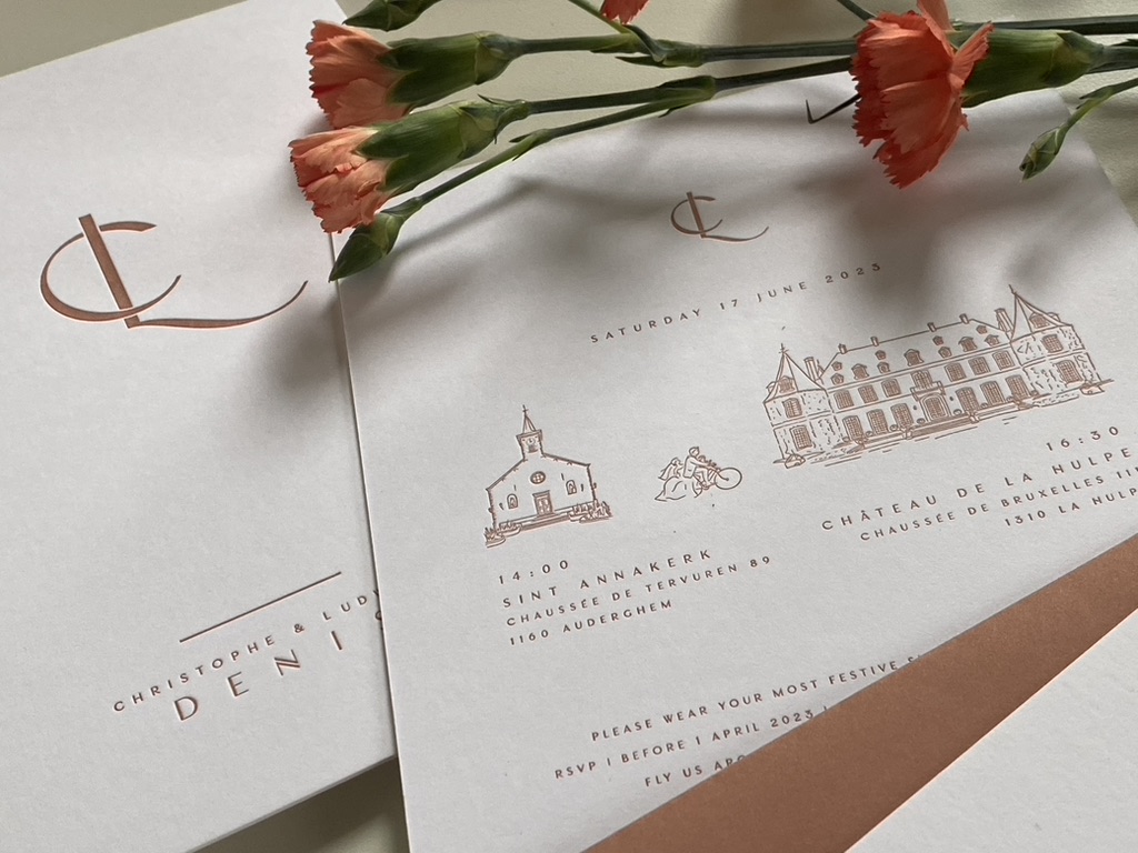 L&C huwelijksuitnodigingen huwelijkslogo, grafisch ontwerper, ontwerp op maat, terracotta, trouwlogo, illustratie trouwlocatie