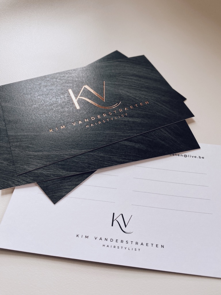 Logo hairstylist Kim Vanderstraeten, hotfoil rose gold, branding, afsprakenkaart, appointment card