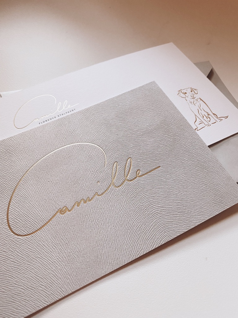Camille, letterpress, velvet, suède, textuur, nature, texture, hotfoil, goudfolie, Studio Mustique, geboortekaartje, birth announcement card