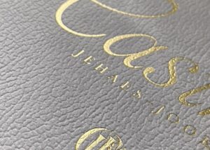 Casimir, velvet faux leather, lederlook, geboortekaartje, geboortekaartje met leer, leder, Studio Mustique, goudfolie, gold foil, hotfoil, letterpress